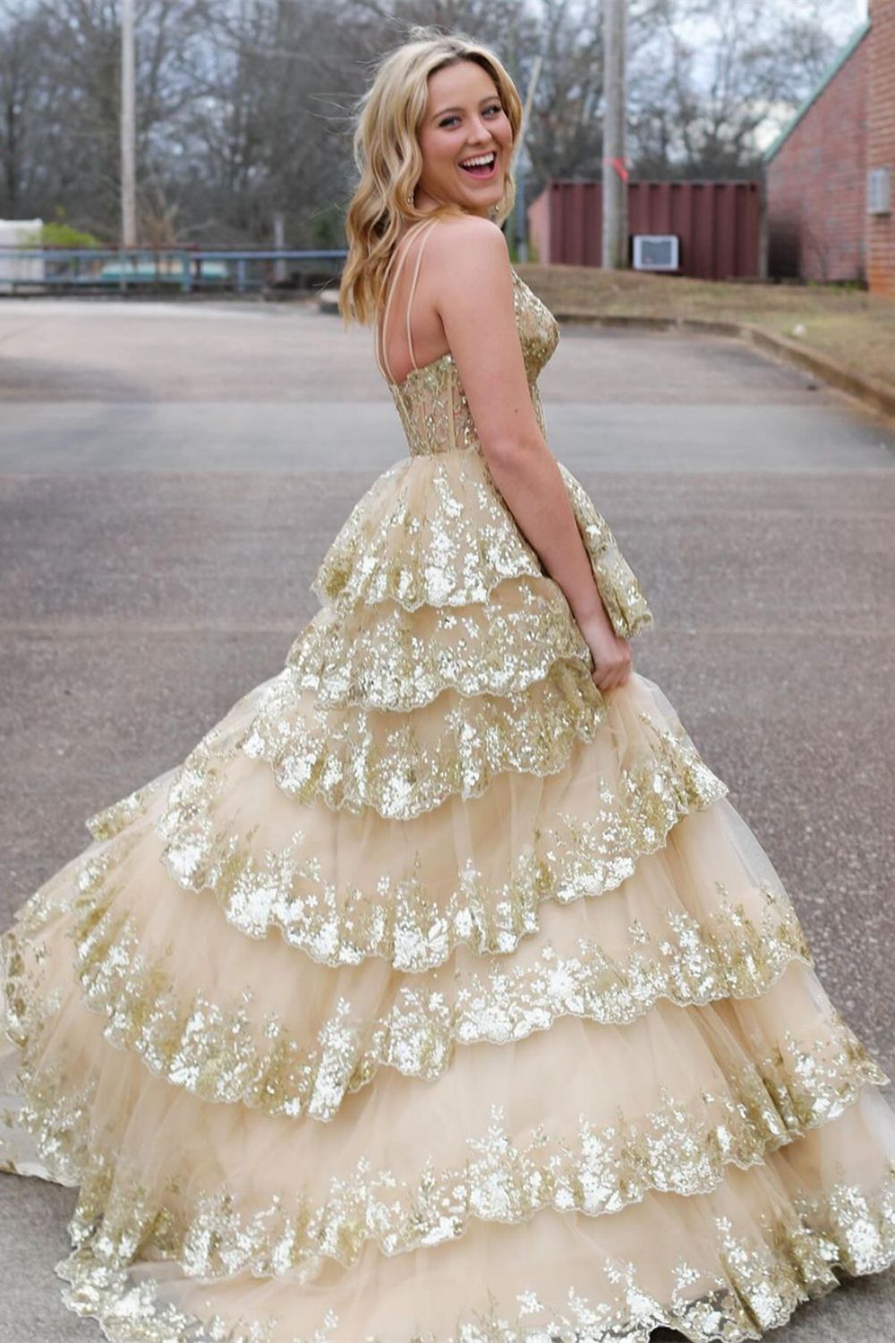 Weitese Sparkly Navy One Shoulder A-Line Sweep Train Tiered Prom Dress with Split